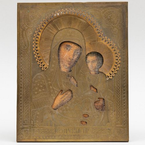 Russian Gilt-Metal-Mounted Icon of the Mother of God