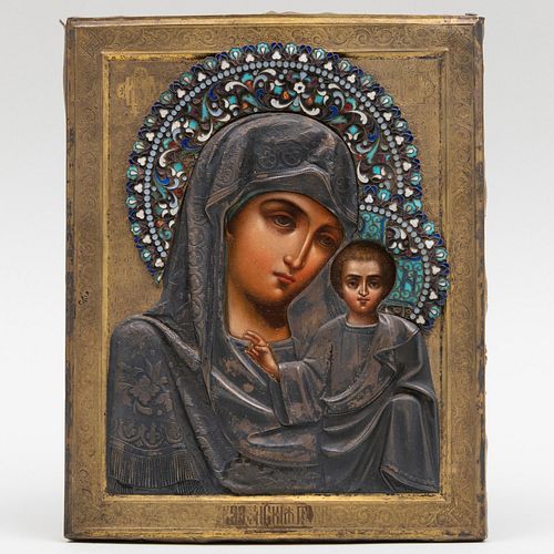 Russian Enameled Silver Icon of the Mother of God of Kazan