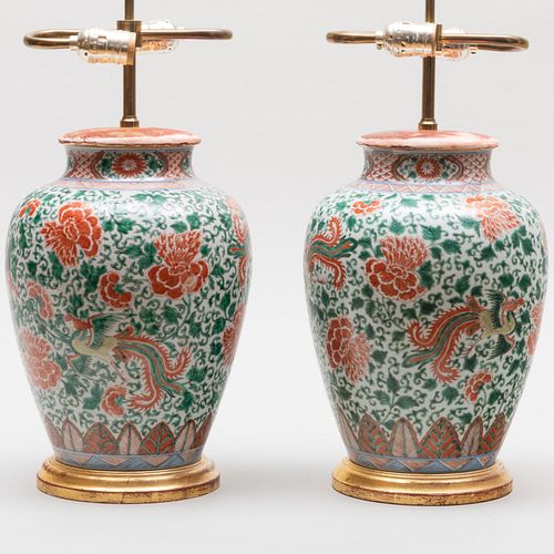 Pair of Cjinese Famille Verte Porcelain Vases Mounted as Lamps