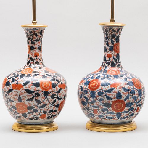 Pair of Chinese Imari Porcelain Bottle Vases Mounted as Lamps