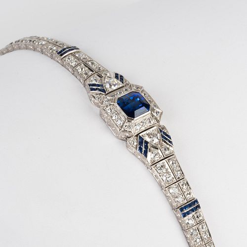 Art Deco Platinum, Synthetic Sapphire and Diamond Bracelet