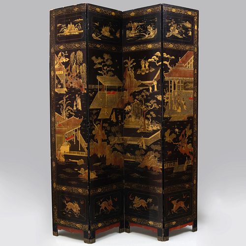 Chinese Export Four-Panel Black Lacquer and Parcel-Gilt Screen