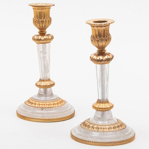 Pair of Louis XVI Style Gilt-Bronze- Mounted Rock Crystal Candlesticks