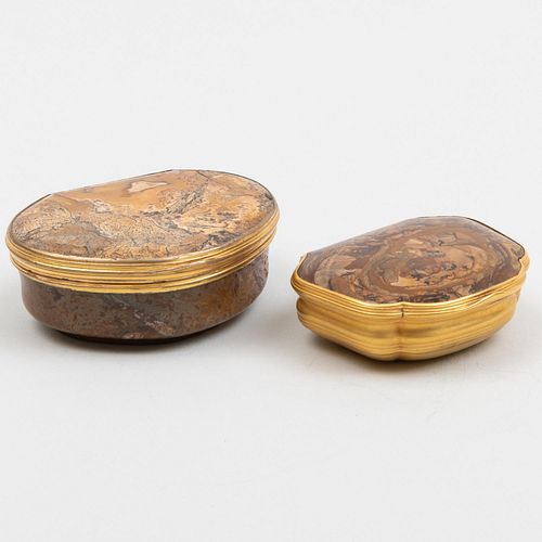 Two Gilt-Metal-Mounted Mounted Agate Snuff Boxes