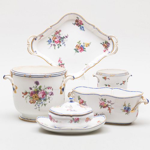 Group of Sevres Cobalt and Flower Decorated Porcelain Serving Pieces