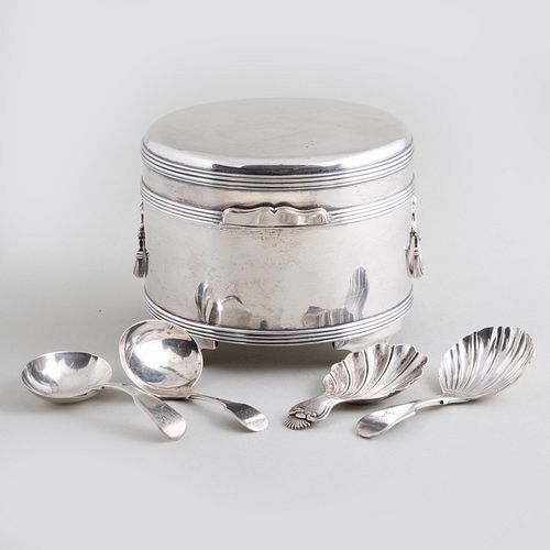 George V Silver Tea Caddy and Group of Four Caddy Spoons