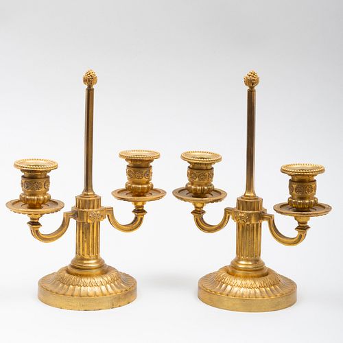 Pair of Louis XVI Style Gilt-Bronze Twin-Light Candlesticks