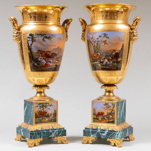 Large Pair of Jacob Petit Gilt and Faux Jasper Ground Porcelain Vases on Fixed Stands