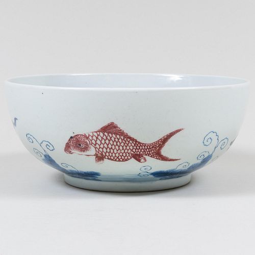 Chinese Blue, Red and White Porcelain 'Crab & Prawn' Bowl 