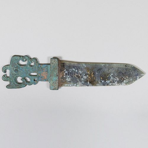 Chinese Bronze Mounted Jade Ge Blade