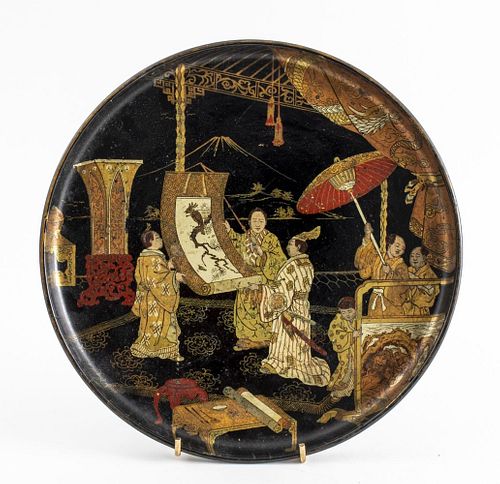 Japanese Gold Painted Black Lacquered Plate