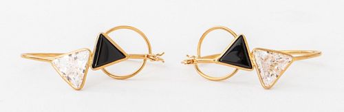 14K Yellow Gold Onyx & CZ Wire Hoop Earrings