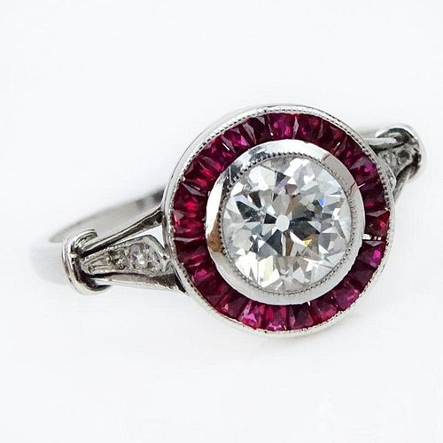 .80 Carat European Cut Diamond, Caliber Cut Ruby and Platinum Engagement Ring.