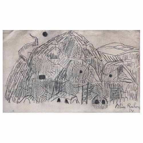 ALICE RAHON, Paisaje, Firmado y fechado 54, Lápiz de grafito sobre papel chino, 15.5 x 25 cm, Con constancia