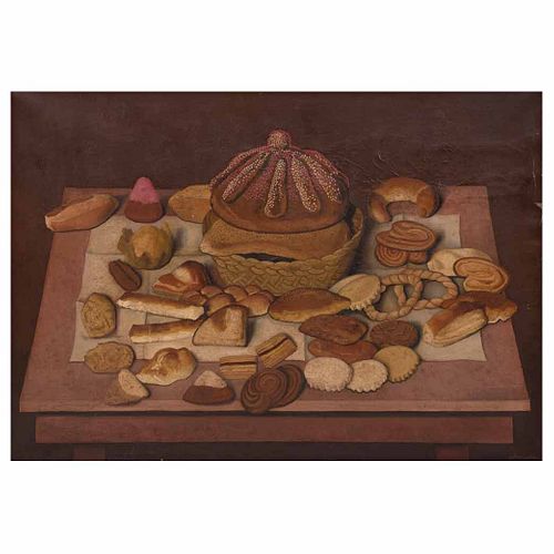 GUSTAVO MONTOYA, Bodegón con panes, Firmado, Óleo sobre tela, 70 x 100 cm