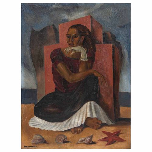 ROBERTO MONTENEGRO, Mujer en la costa, Firmado, Óleo sobre tela, 61 x 46 cm