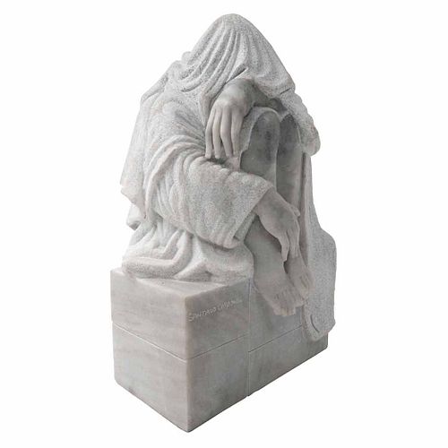 SANTIAGO CARBONELL, Figura que se esconde tras el advenimiento de su propia luz, Firmada, Escultura en mármol, 31x20 x18cm, Certificado