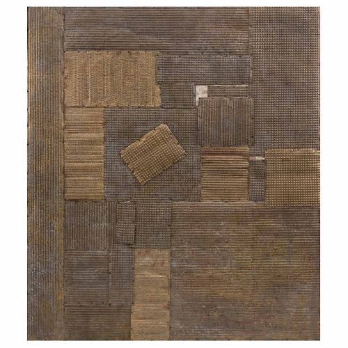 MATHIAS GOERITZ, Sin título (Mensaje), Sin firma, Láminas perforadas ensambladas sobre madera, 143 x 125.5 cm, Con constancia