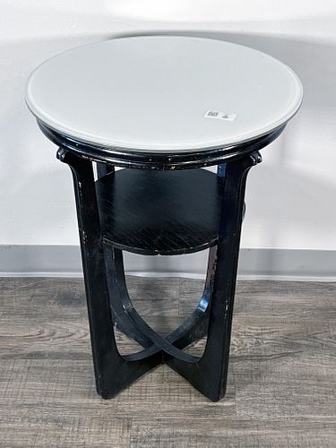 VINTAGE ROUND BLACK SIDE LAMP TABLE WITH WHITE GLASS TOP