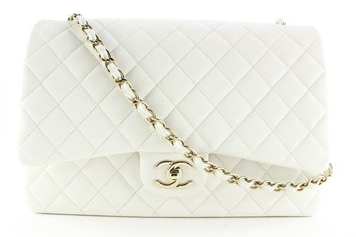 CHANEL WHITE QUILTED CAVIAR LEATHER MAXI CLASSIC DOUBLE FLAP