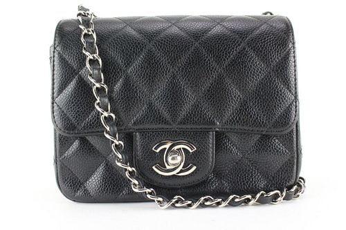 CHANEL BLACK QUILTED CAVIAR LEATHER MINI SQUARE CLASSIC FLAP SHW RARE