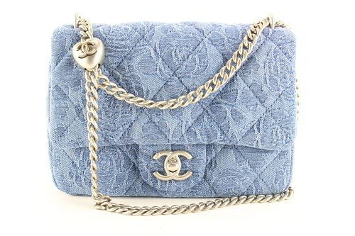CHANEL RARE CAMELLIA QUILTED DENIM CLASSIC FLAP HEART SHW