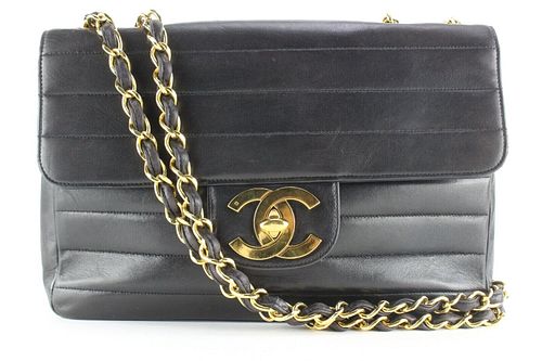 CHANEL RARE HORIZONTAL QUILTED BLACK XL JUMBO FLAP 24K PLATED GHW