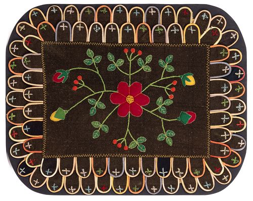 AMERICAN, POSSIBLY AMISH, PENNSYLVANIA / OHIO, FOLK ART TRAPUNTO AND EMBROIDERED WOOL TABLE MAT / RUG