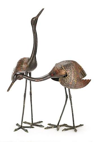 Pair, Chinese Polychromed Metal Cranes, 31" & 19"