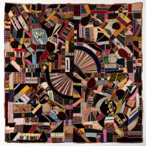 WASHINGTON, DC / MARYLAND SIGNED AND DATED "CRAZY QUILT"-STYLE PIECED AND EMBROIDERED COMFORT / BED SPREAD