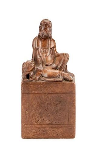 Chinese Mottled Dark Red Glazed Pottery Guanyin
