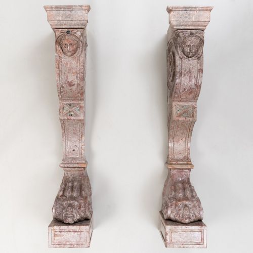 Unusual Pair of Italian Mottled Red and Grey Marble Architectural Uprights