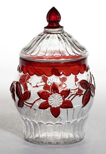 FLOWER AND PLEAT / CLEMATIS (OMN) - RUBY-STAINED COVERED CRACKER JAR