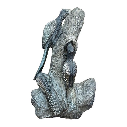 Original Hand Carved "Bird Family" Stone Sculpture