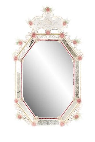 Etched Venetian Mirror w/ Applied Colored Flowers