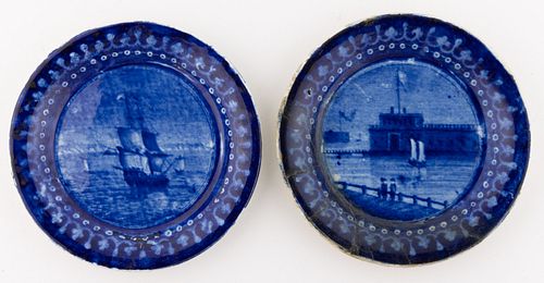 STAFFORDSHIRE AMERICAN / NAUTICAL VIEW TRANSFER-PRINTED CERAMIC CUP PLATES, LOT OF TWO
