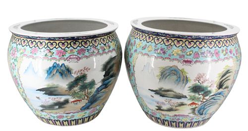 Pair of Japanese Porcelain Fish Bowls