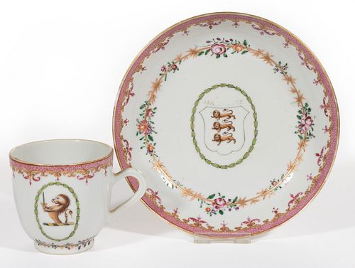 CHINESE EXPORT PORCELAIN ARMORIAL PORCELAIN CUP AND SAUCER SET
