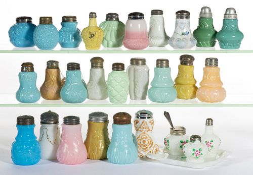 ASSORTED OPAQUE GLASS SALT AND PEPPER SHAKERS, LOT OF 29