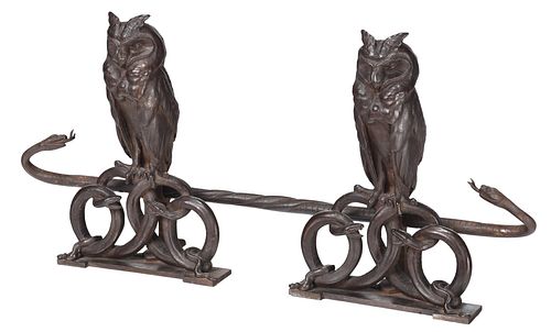 Pair of  Patinated Iron Owl and Snake Form Andirons