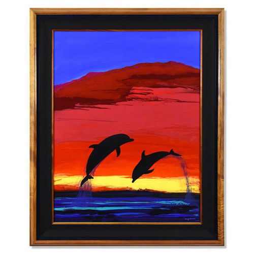 Wyland, "Sunset Dolphins" Framed Original Oil Painting on Canvas, Hand Signed with Letter of Authenticity.