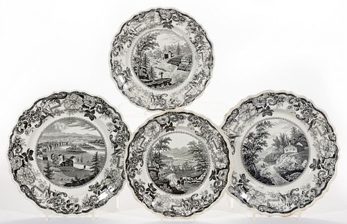 STAFFORDSHIRE AMERICAN VIEW TRANSFER-PRINTED CERAMIC PLATES, LOT OF FOUR