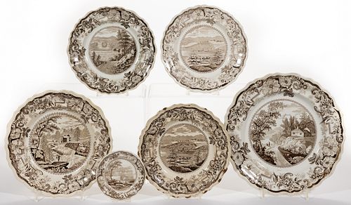 STAFFORDSHIRE AMERICAN VIEW TRANSFER-PRINTED CERAMIC PLATES, LOT OF SIX