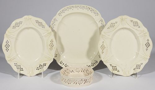 ENGLISH CREAMWARE RETICULATED TABLE ARTICLES, LOT OF FOUR