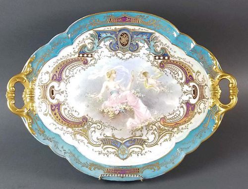 Large 19th C. French Sevres Hand Painted Tray Signed