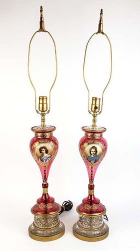 Pair of Bohemian Cranberry Glass Lamps