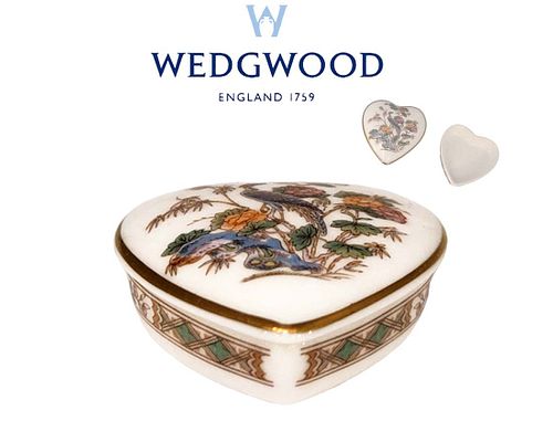 Wedgwood Miniture Heart Shaped Hand Painted Of Flowers & Peacock Trinket Box