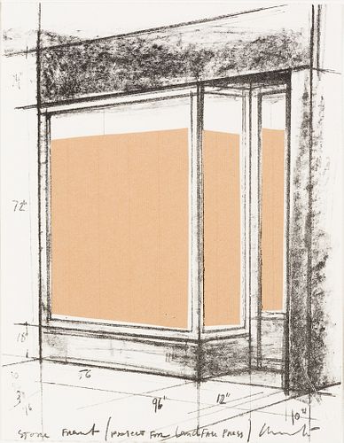 Christo (Am./Bulgarian 1935-2020), "Storefront (Project for Landfall Press)" 1980, Lithograph and collage on paper, framed under glass
