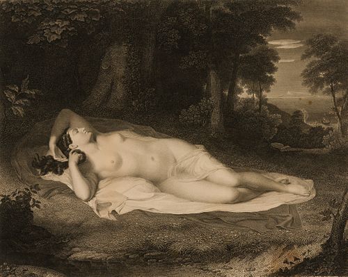 Asher Brown Durand (Am. 1796-1886), "Ariadne" 1835 (After the painting by John Vanderlyn), Engraving, framed under glass