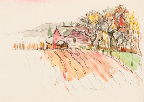 Bernard Karfiol (Am. 1886-1952), Autumn Landscape, Watercolor, charcoal, and graphite on paper, matted